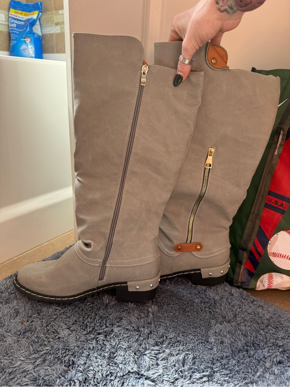 Women's Tall Grey Buckle Zipper Boots